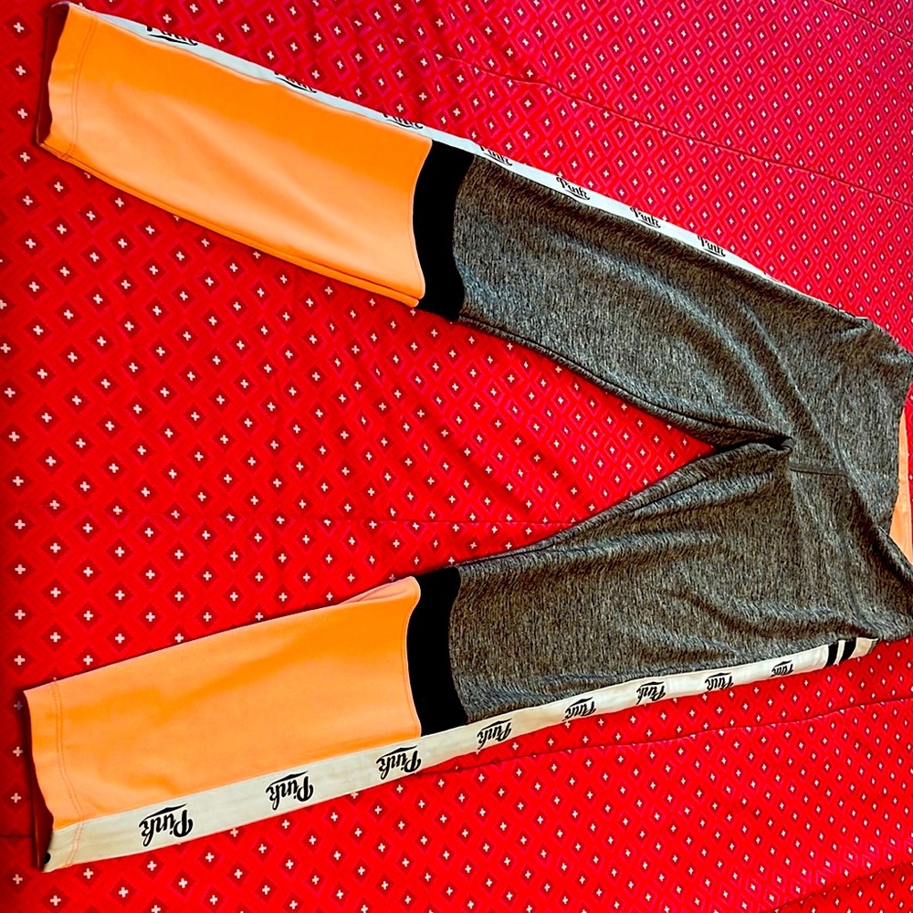 Leggings are gray and pink , brand is pink and size is small .